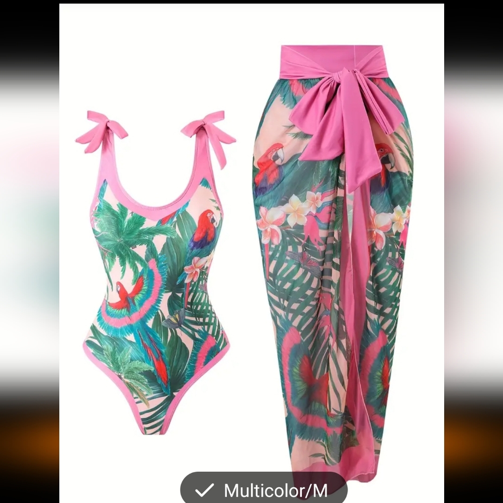 Tropical Print Ladies One Piece Swimsuit with Skirt